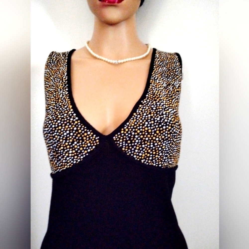SALE! ST JOHN EVENING 10 HUNDREDS SILVER & GOLD CRYSTAL BLACK SANTANA KNIT DRESS